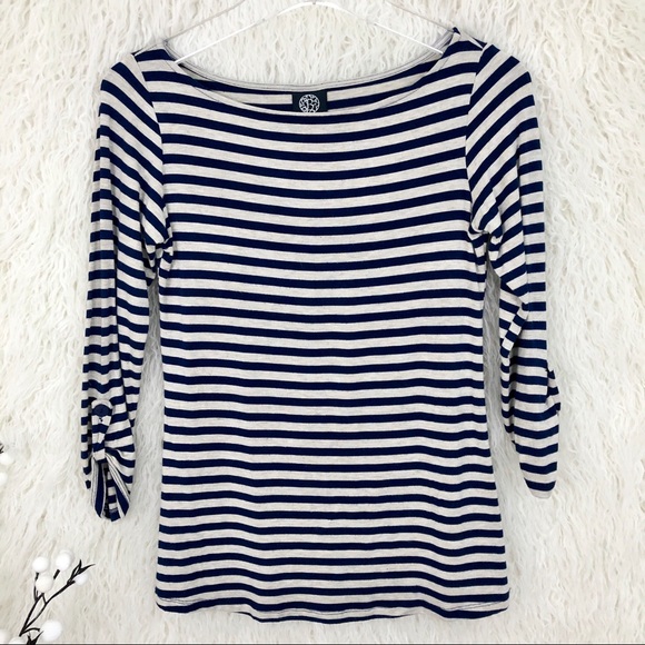 bobeau Tops - Bobeau Navy Striped Boat Neck Button Sleeve Top